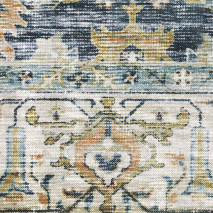 5' X 7' Blue Gold Rust Ivory And Olive Oriental Printed Stain Resistant Non Skid Area Rug