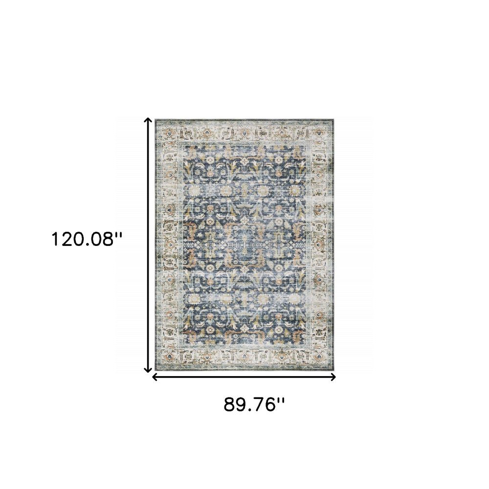 7' X 10' Blue and Ivory Oriental Non Skid Area Rug