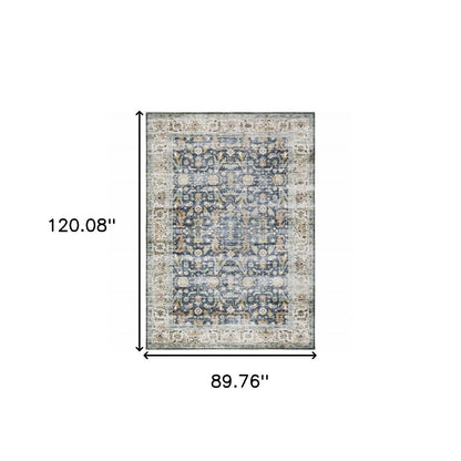7' X 10' Blue and Ivory Oriental Non Skid Area Rug