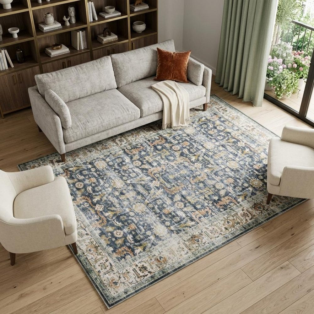 7' X 10' Blue and Ivory Oriental Non Skid Area Rug