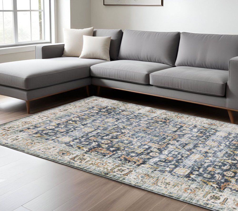 7' X 10' Blue and Ivory Oriental Non Skid Area Rug