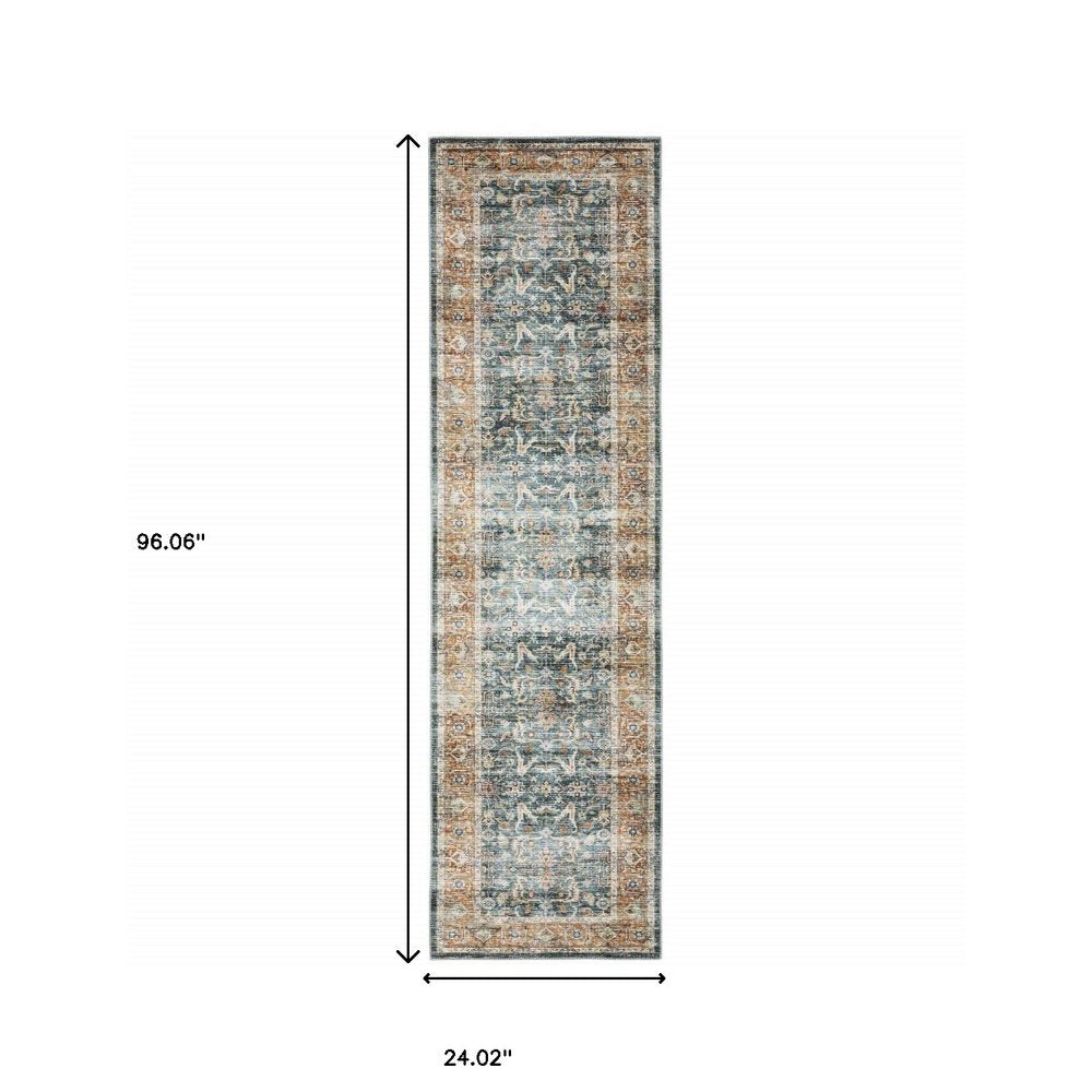 8' Blue And Rust Oriental Distressed Runner Rug