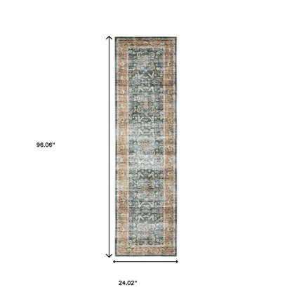 8' Blue And Rust Oriental Distressed Runner Rug