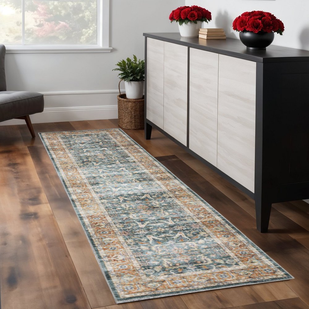 8' Blue And Rust Oriental Distressed Runner Rug