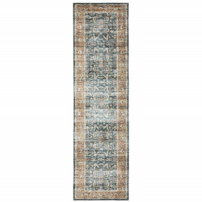8' Blue And Rust Oriental Distressed Runner Rug