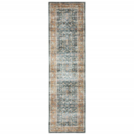 8' Blue And Rust Oriental Distressed Runner Rug