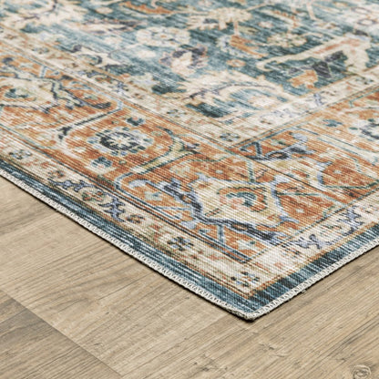 8' Blue And Rust Oriental Distressed Runner Rug
