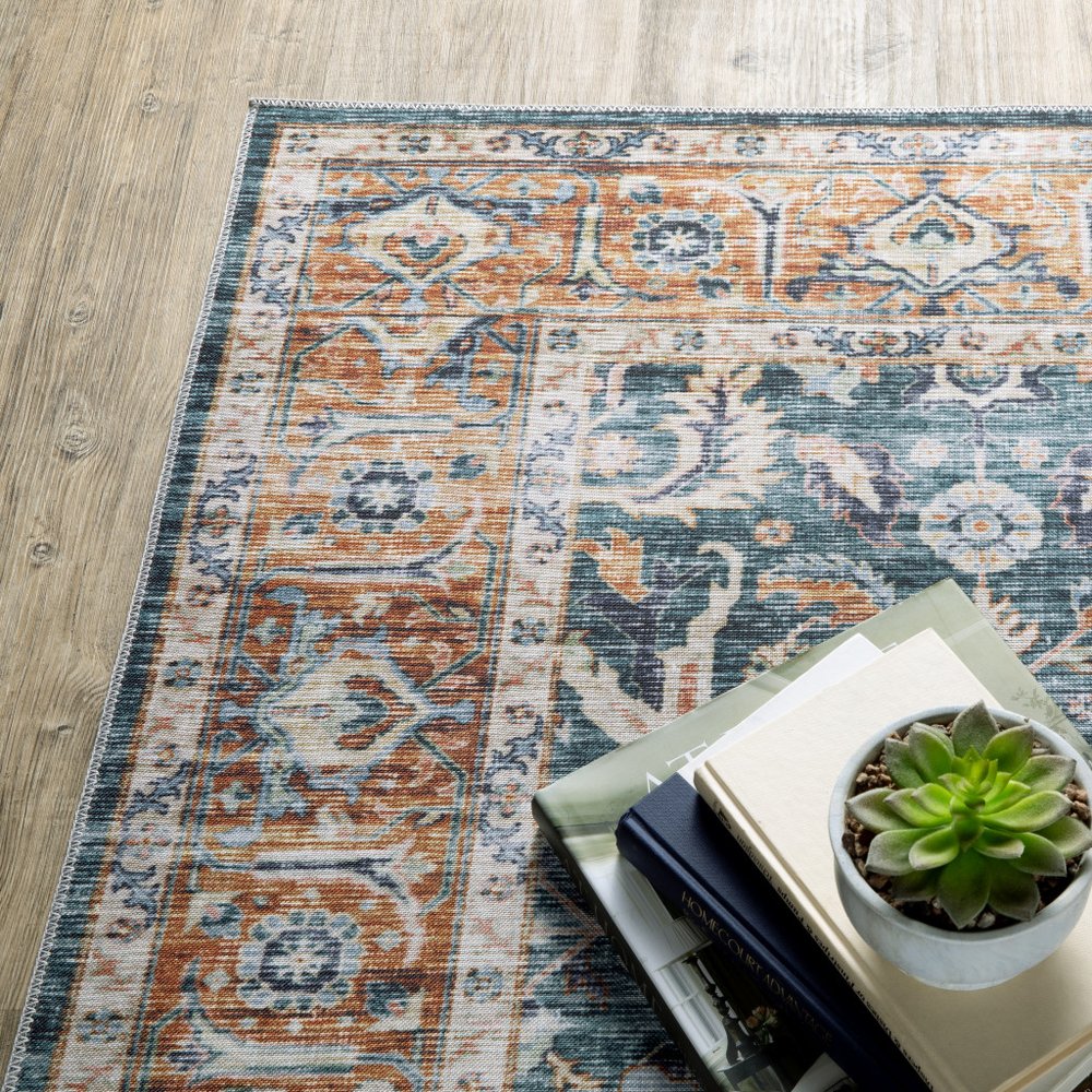 8' Blue And Rust Oriental Distressed Runner Rug