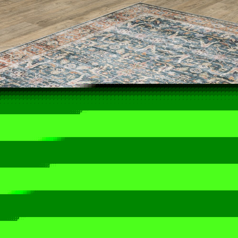 5' X 7' Blue Rust Gold And Olive Oriental Printed Stain Resistant Non Skid Area Rug