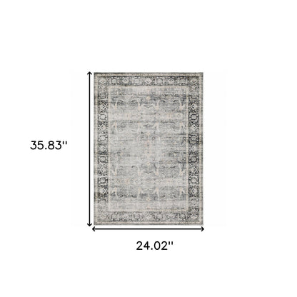 2' X 3' Charcoal Grey Salmon And Ivory Oriental Printed Stain Resistant Non Skid Area Rug