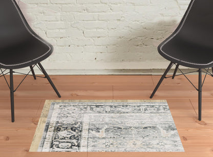 2' X 3' Charcoal Grey Salmon And Ivory Oriental Printed Stain Resistant Non Skid Area Rug