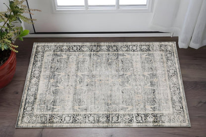 2' X 3' Charcoal Grey Salmon And Ivory Oriental Printed Stain Resistant Non Skid Area Rug