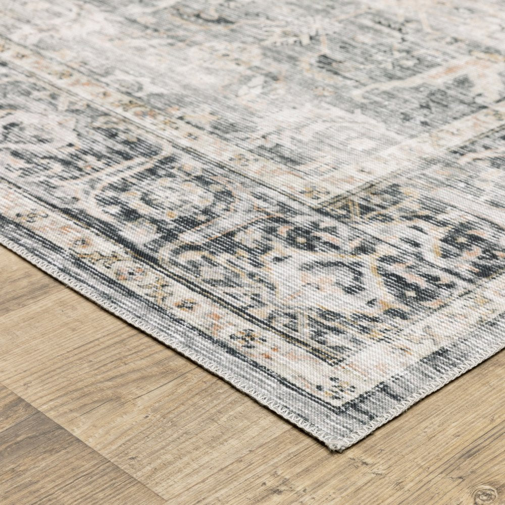 2' X 3' Charcoal Grey Salmon And Ivory Oriental Printed Stain Resistant Non Skid Area Rug