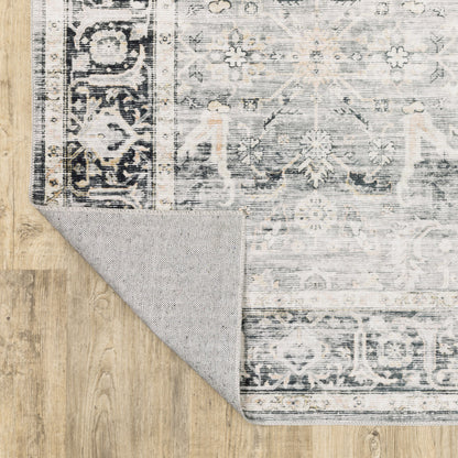 2' X 3' Charcoal Grey Salmon And Ivory Oriental Printed Stain Resistant Non Skid Area Rug