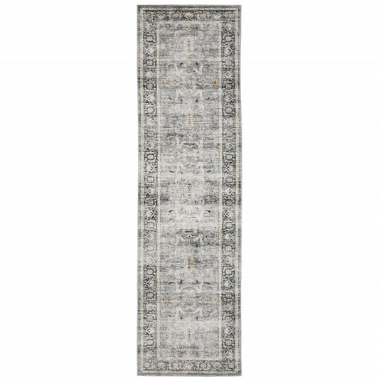 2' X 8' Charcoal Grey Salmon And Ivory Oriental Printed Stain Resistant Non Skid Runner Rug