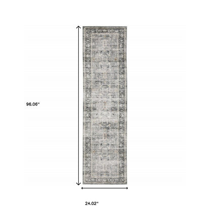 2' X 8' Charcoal Grey Salmon And Ivory Oriental Printed Stain Resistant Non Skid Runner Rug