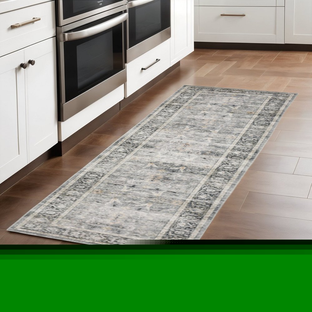 2' X 8' Charcoal Grey Salmon And Ivory Oriental Printed Stain Resistant Non Skid Runner Rug