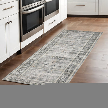 2' X 8' Charcoal Grey Salmon And Ivory Oriental Printed Stain Resistant Non Skid Runner Rug