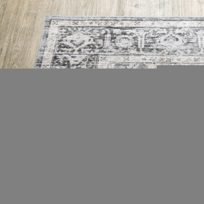 2' X 8' Charcoal Grey Salmon And Ivory Oriental Printed Stain Resistant Non Skid Runner Rug