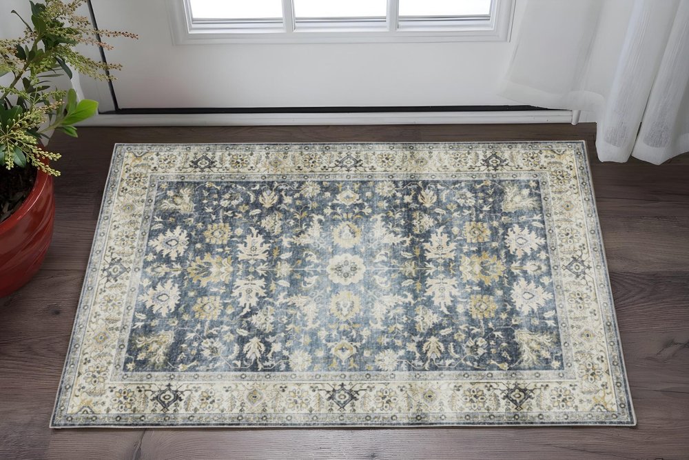 2' X 3' Blue And Gold Oriental Distressed Area Rug