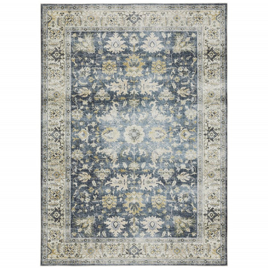 2' X 3' Blue And Gold Oriental Distressed Area Rug