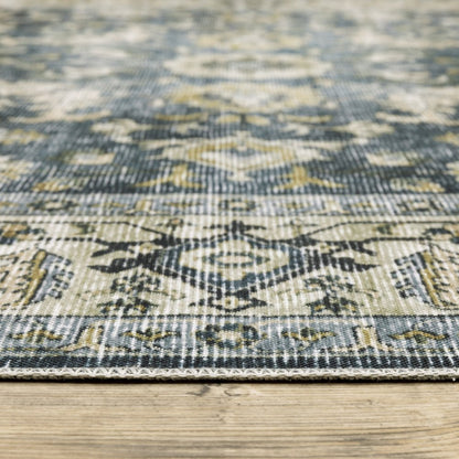 2' X 3' Blue And Gold Oriental Distressed Area Rug