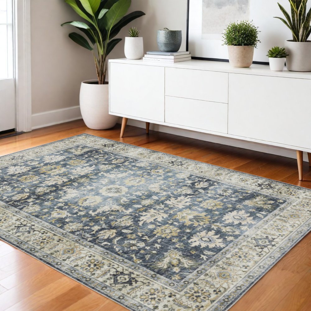 4' X 6' Blue and Ivory Oriental Non Skid Area Rug