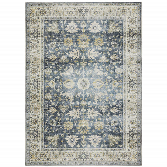 5' X 7' Blue Gold Green And Ivory Oriental Printed Stain Resistant Non Skid Area Rug