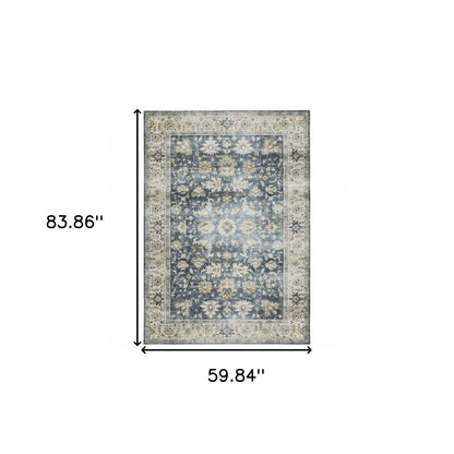 5' X 7' Blue Gold Green And Ivory Oriental Printed Stain Resistant Non Skid Area Rug