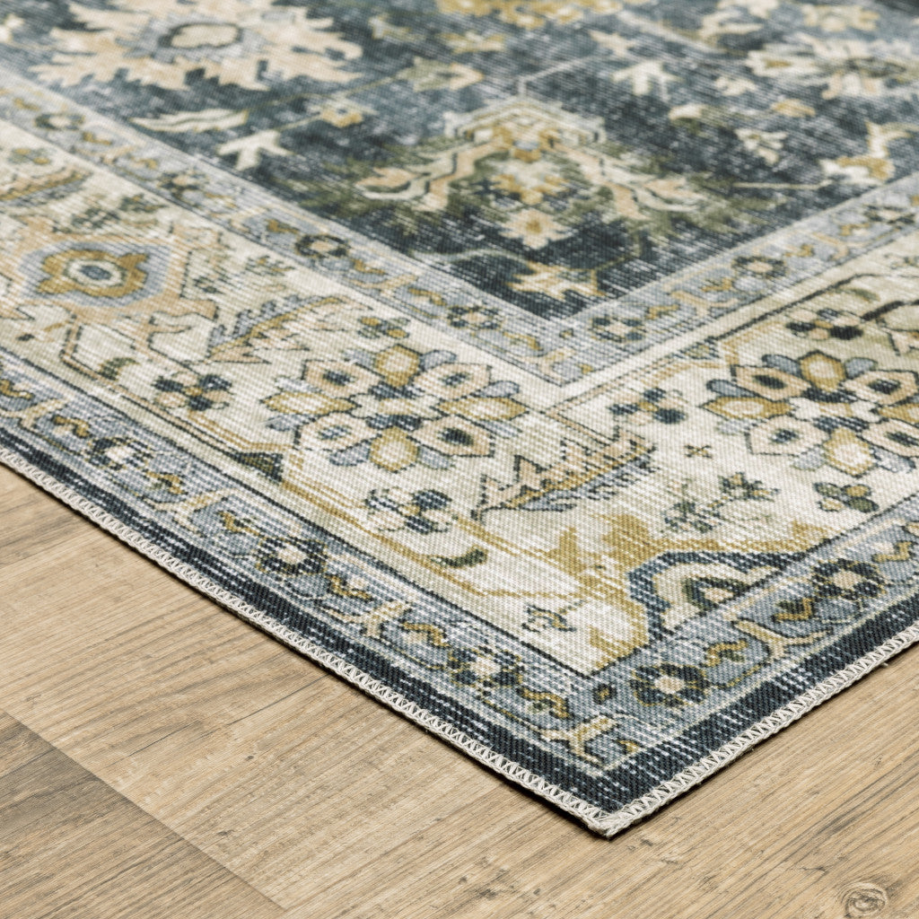 5' X 7' Blue Gold Green And Ivory Oriental Printed Stain Resistant Non Skid Area Rug