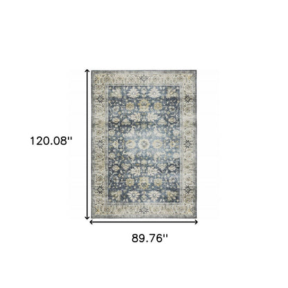 7' X 10' Blue and Ivory Oriental Non Skid Area Rug