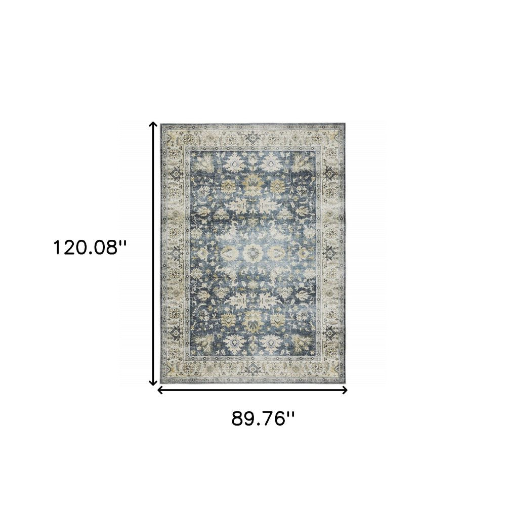 7' X 10' Blue and Ivory Oriental Non Skid Area Rug