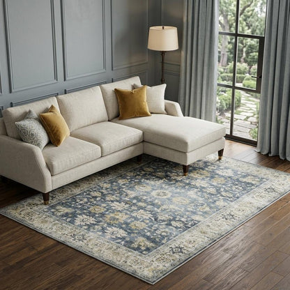 7' X 10' Blue and Ivory Oriental Non Skid Area Rug