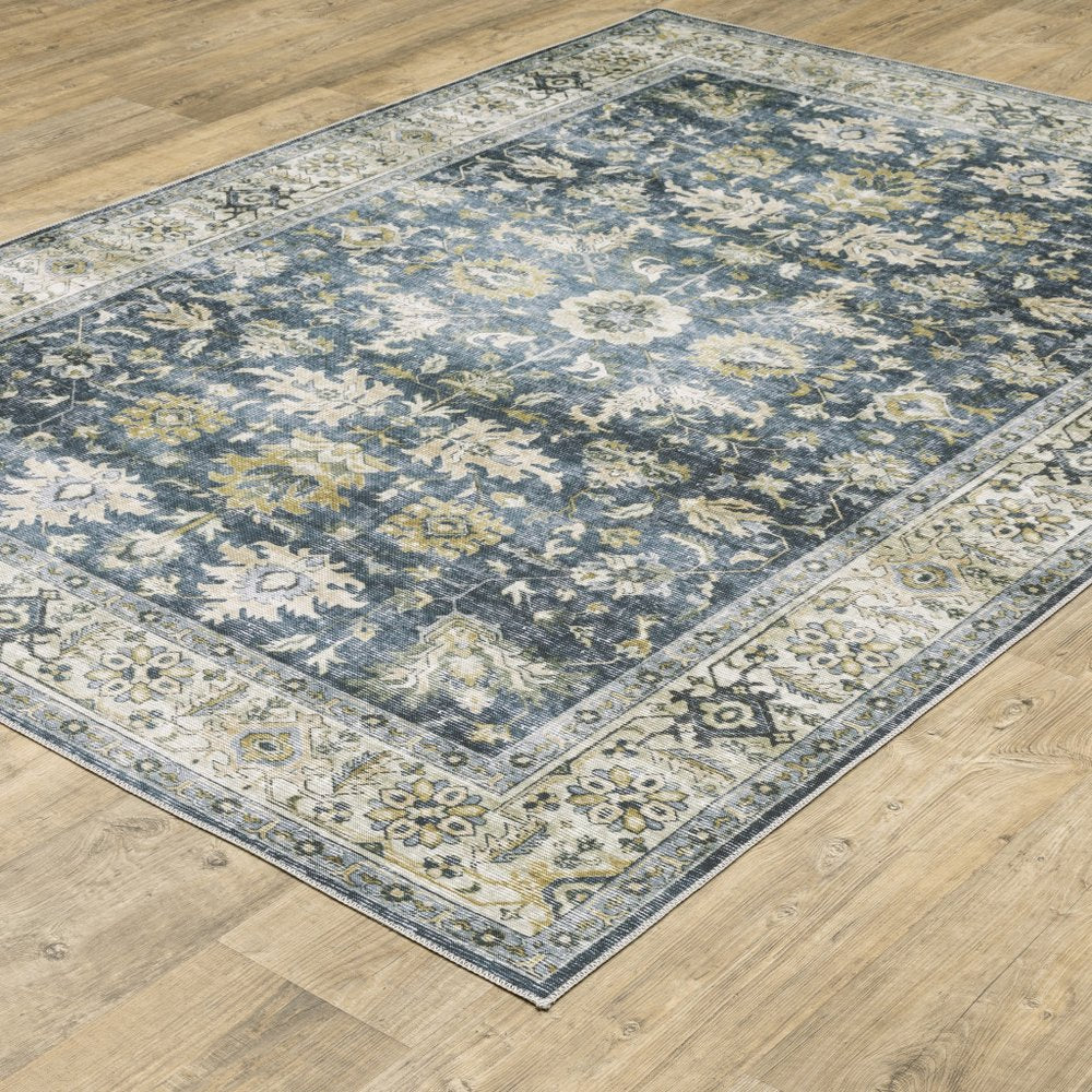 7' X 10' Blue and Ivory Oriental Non Skid Area Rug
