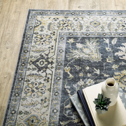 7' X 10' Blue and Ivory Oriental Non Skid Area Rug