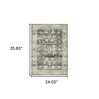 2' X 3' Grey Charcoal Gold Brown Ivory Pale Sage And Light Blue Oriental Printed Stain Resistant Non Skid Area Rug