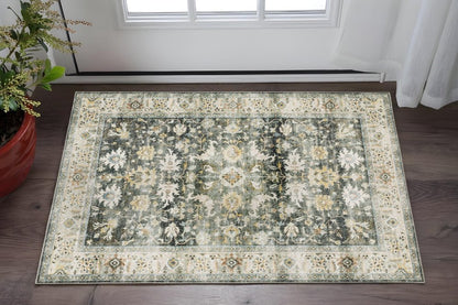 2' X 3' Grey Charcoal Gold Brown Ivory Pale Sage And Light Blue Oriental Printed Stain Resistant Non Skid Area Rug