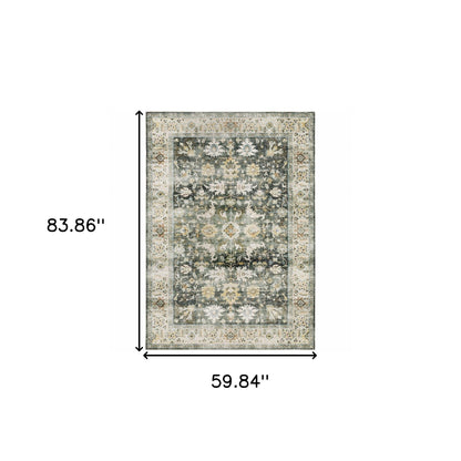 5' X 7' Grey Charcoal Gold Brown Ivory Pale Sage And Light Blue Oriental Printed Stain Resistant Non Skid Area Rug