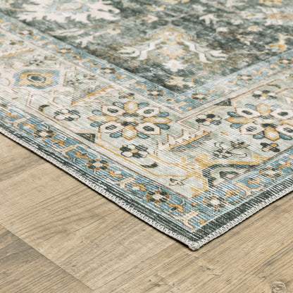 5' X 7' Grey Charcoal Gold Brown Ivory Pale Sage And Light Blue Oriental Printed Stain Resistant Non Skid Area Rug