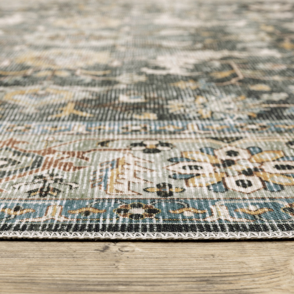 5' X 7' Grey Charcoal Gold Brown Ivory Pale Sage And Light Blue Oriental Printed Stain Resistant Non Skid Area Rug