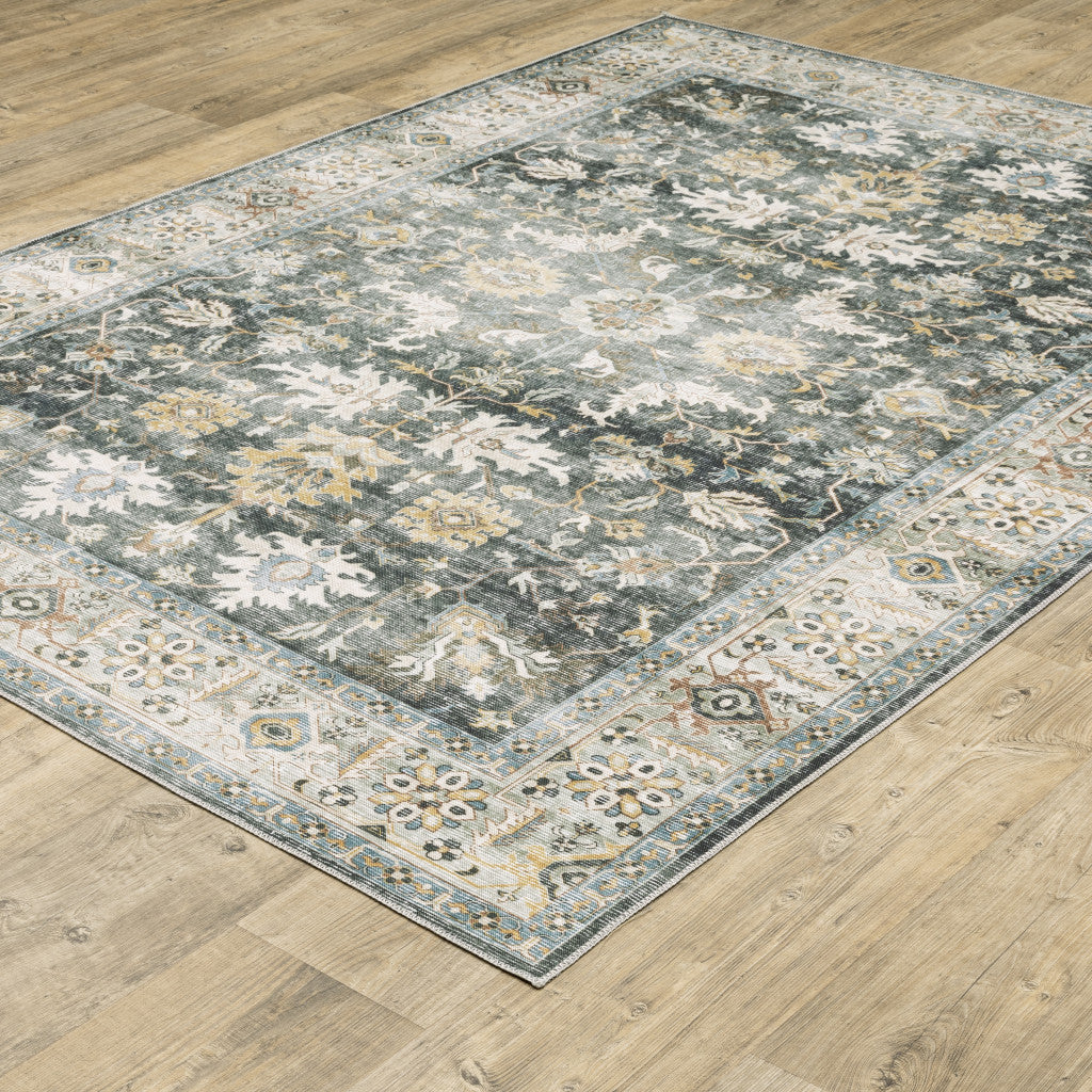 5' X 7' Grey Charcoal Gold Brown Ivory Pale Sage And Light Blue Oriental Printed Stain Resistant Non Skid Area Rug