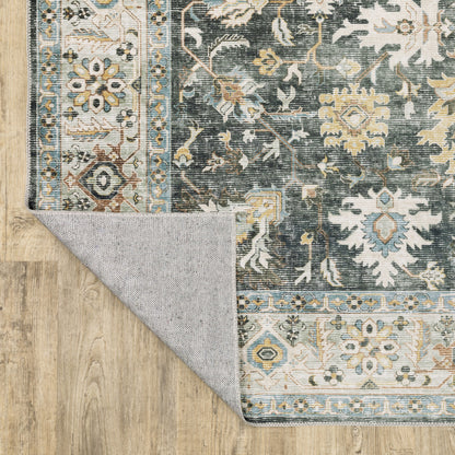 5' X 7' Grey Charcoal Gold Brown Ivory Pale Sage And Light Blue Oriental Printed Stain Resistant Non Skid Area Rug