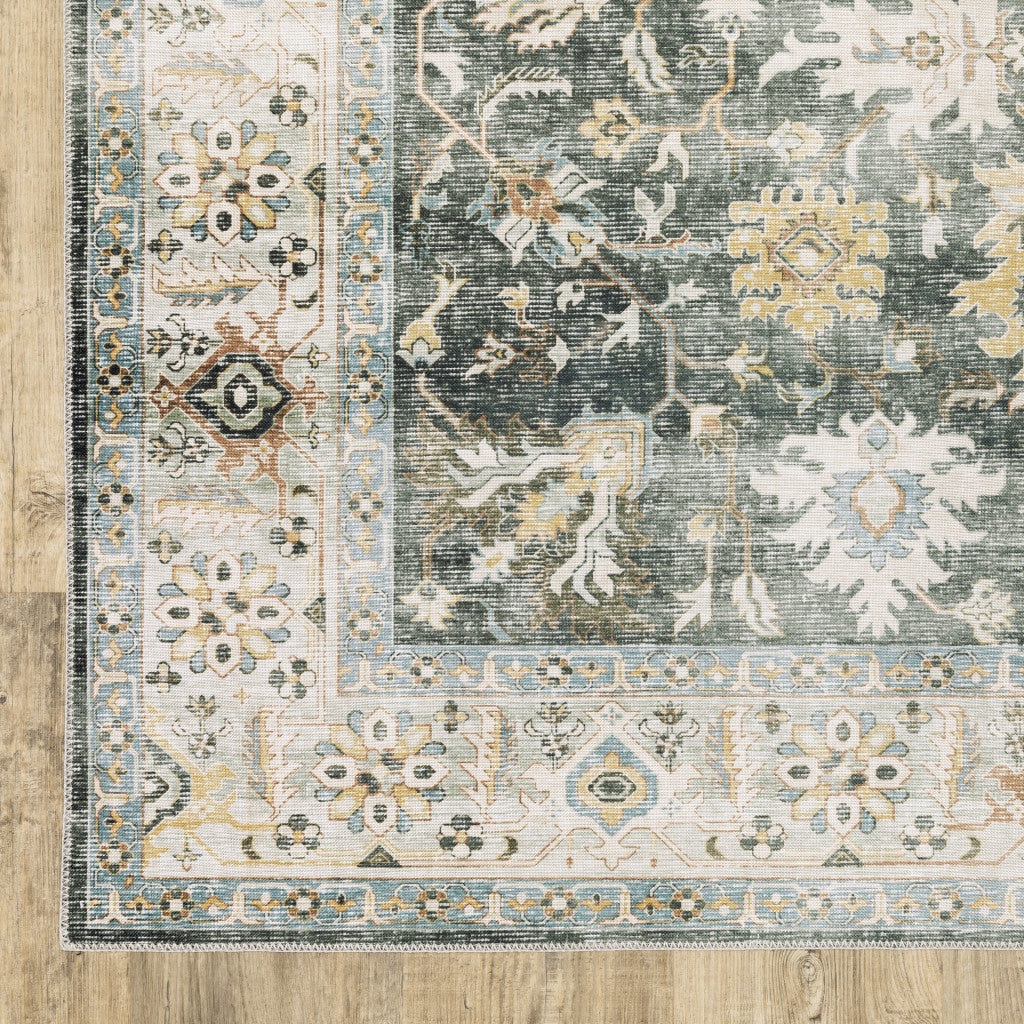 5' X 7' Grey Charcoal Gold Brown Ivory Pale Sage And Light Blue Oriental Printed Stain Resistant Non Skid Area Rug