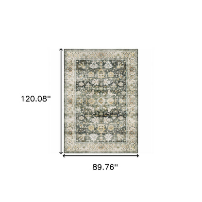 7' X 10' Grey Charcoal Gold Brown Ivory Pale Sage And Light Blue Oriental Printed Stain Resistant Non Skid Area Rug