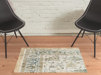 2' X 3' Grey Orange Blue Gold Green And Rust Oriental Printed Stain Resistant Non Skid Area Rug