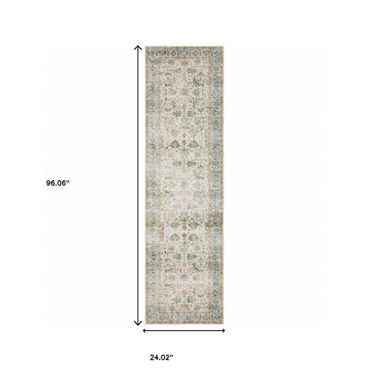 2' X 8' Grey Orange Blue Gold Green And Rust Oriental Printed Stain Resistant Non Skid Runner Rug