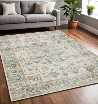 5' X 7' Grey Orange Blue Gold Green And Rust Oriental Printed Stain Resistant Non Skid Area Rug