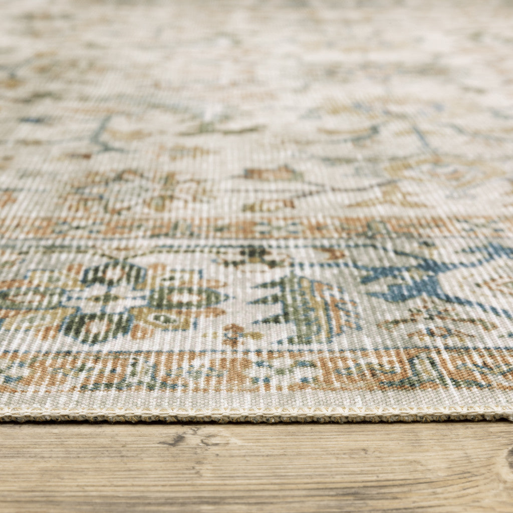 5' X 7' Grey Orange Blue Gold Green And Rust Oriental Printed Stain Resistant Non Skid Area Rug