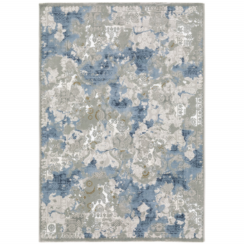 8' X 11' Grey Blue Ivory Navy Beige And Brown Abstract Power Loom Stain Resistant Area Rug