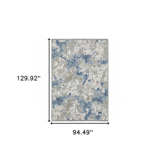 8' X 11' Grey Blue Ivory Navy Beige And Brown Abstract Power Loom Stain Resistant Area Rug